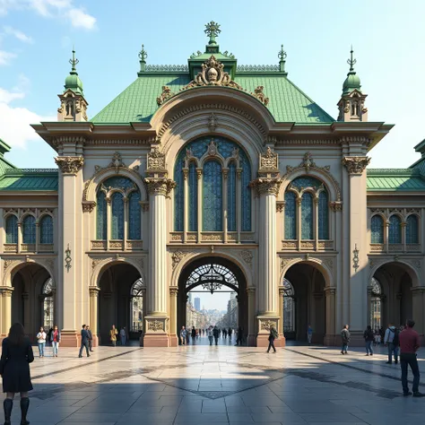 A realistic photo. The front view from outside of the central entrance of a railway main station in Art Nouveau style with a green roof.