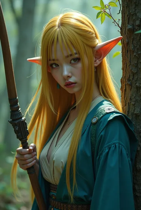 ((Best Quality)), ((masterpiece)), (detailed), One girl, Looking into the camera, Age 27, Yellow straight long hair, Japanese women, beautiful, Blue lipstick, Large Breasts, Pointy ears, drawing a bow and arrow　Oblique view　In the forest　Serious expression