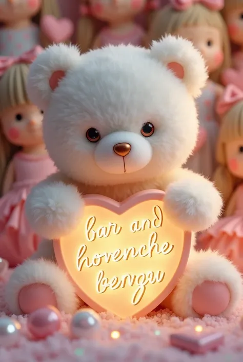 Adorable plush white teddy bear exudes warmth and softness. The bear gently holds a lighted sign featuring the romantic phrase "vikllastta" and intricate anime-inspired typography. The sign is decorated with colorful pearl hearts and light-up and glowing m...