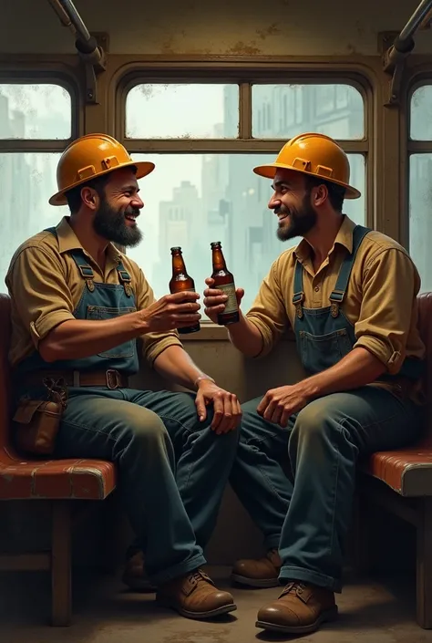 Men enjoying a bottle of beer inside a bus after working as a bricklayer 