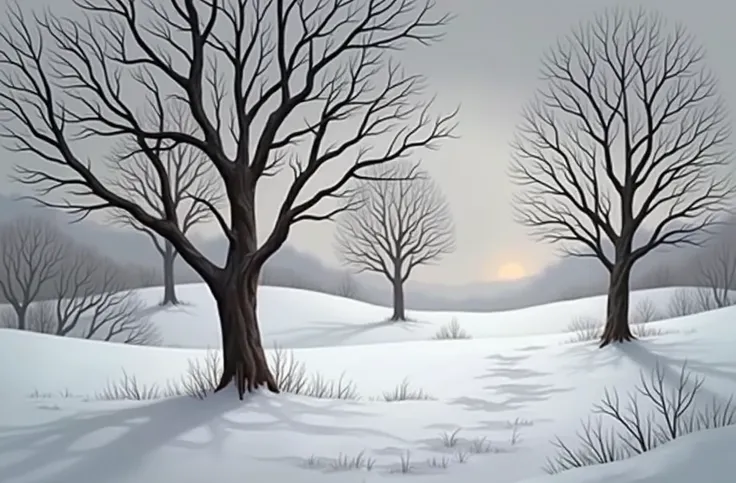 Snowy landscape with leafless trees and gray sky. Climate between lonely and gloomy