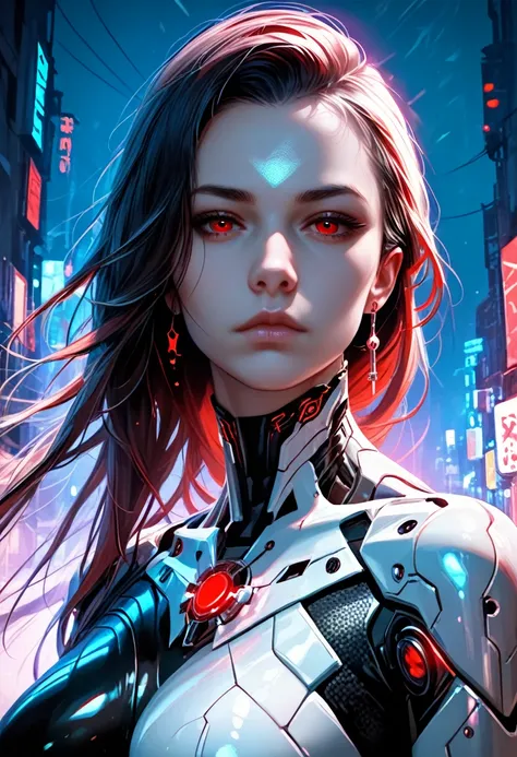 (best quality,ultra-detailed,realistic:1.37),woman cyborg,red eyes,evil,anime,huge ,sleek metallic body,expressionless face,glowing circuits,enormous energy blade,mechanical limbs,dystopian city backdrop,neon lights reflection,dark and ominous atmosphere