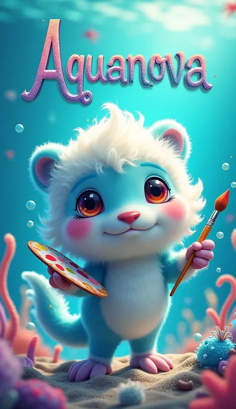 Create an astonishing fluffy cute CHeckpoint mascot for SeaArt AI, an innovative image generation and model training tool. The mascot should embody the essence of creativity and knowledge, with a touch of marine mysticism. It could be a mix of an Artist cr...