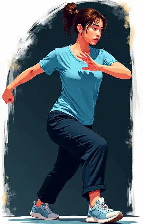 a young woman, wearing a blue short-sleeved shirt and black pants. She is depicted in mid-motion, with her right arm extended forward and her left arm slightly bent at her side, resembling a martial arts stance, specifically Bagua Zhang. Her feet are posit...