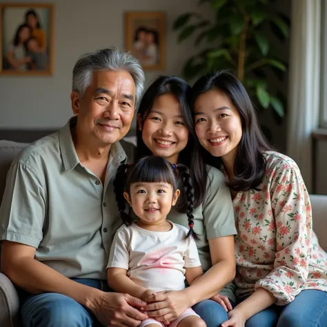 "A warm and intimate portrait of an Asian family of four in a comfortable living room setting. The father, in his 60s, has gray hair, kind eyes with smile lines, and is wearing a casual button-down shirt. He is sitting in a comfortable armchair, leaning sl...