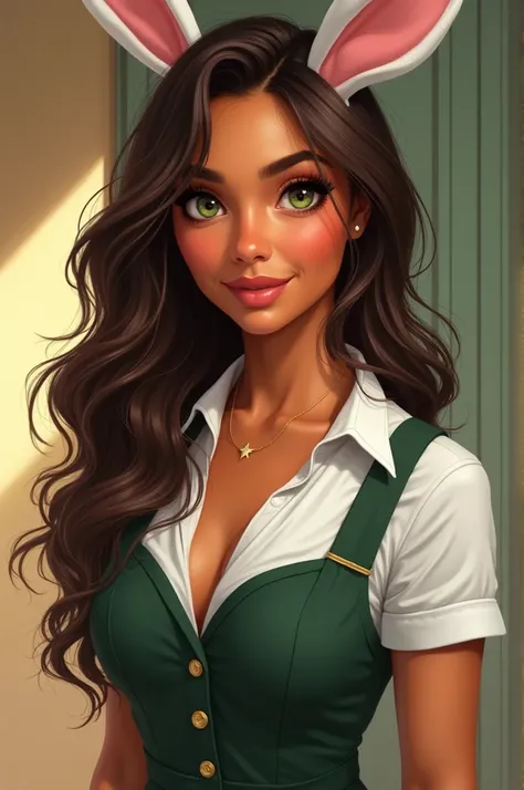  ,pele morena,green eyes,brown wavy hair,white blouse,dark green jumpsuit,rabbit bow,smiling pose 