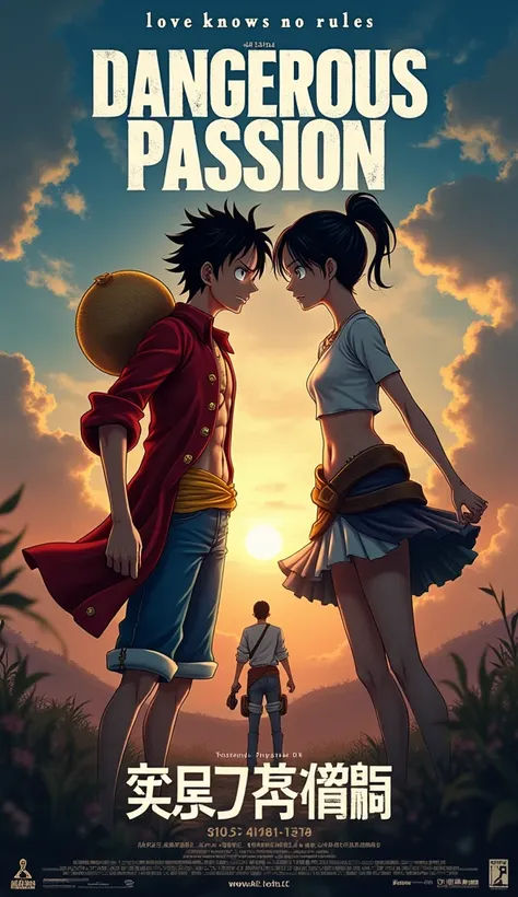  “Create a movie blockbuster poster featuring Luffy (from One Piece) and Mikasa Ackerman (from Attack on Titan). Title: ‘Dangerous Passion’ should be large and prominently displayed. From the creators of [Film]. Rated 18+. In theaters from [Date]. Add text...