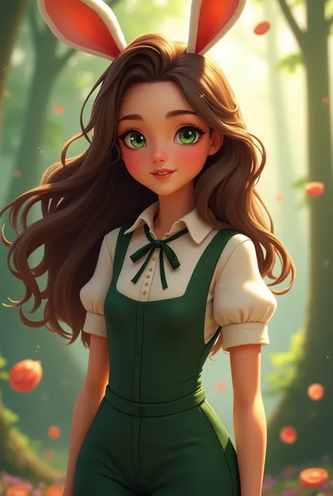   doll shape,pele morena,green eyes,brown wavy hair,white blouse,dark green jumpsuit,rabbit bow,smiling pose 