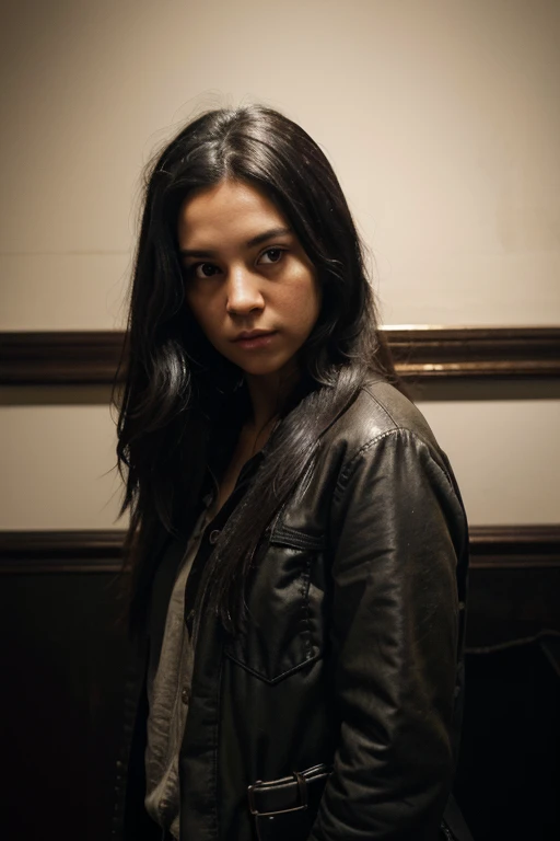  (RAW photo: 1.2), (Real photo), high resolution, 1 girl , long black hair, brown eyes, paranormal investigation, detective outfit, looking for ghosts, haunted house,simple background, Perspective, 