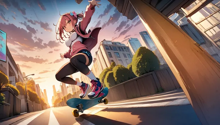 Ultra-definition: 1.3, ultra-delicate/exquisite face: 1.3, (absurdity, texture, masterpiece), dynamic angle, pop art, art brut, pixiv contest winning work, by Posuka Demizu, dynamic manga style illustration,
A girl skateboarding in the city and performing ...