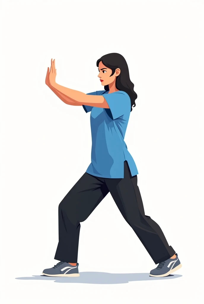 a young woman, wearing a blue short-sleeved shirt and black pants. She is depicted in mid-motion, with her right arm extended forward and her left arm slightly bent at her side, resembling a martial arts stance, specifically Bagua Zhang. Her feet are posit...