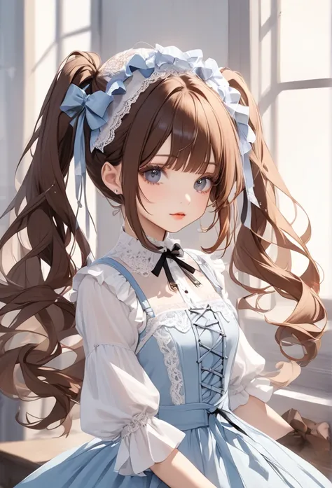 A beautiful girl with long Brown hair, twin tails and a ribbon on her head. She is wearing a light　blue　and　white gothic lolita outfit with lots of lace . Cute and beautiful.