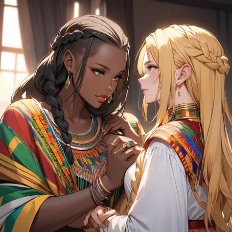 ((Best Quality)), ((masterpiece)), (detailed), （Perfect Face）、The high elf woman is Seras Ashlain, wearing a colorful Ghanaian national costume, gorgeous jewelry, and an engagement ring. Her blonde medium-long hair is finely braided into a braid, giving he...