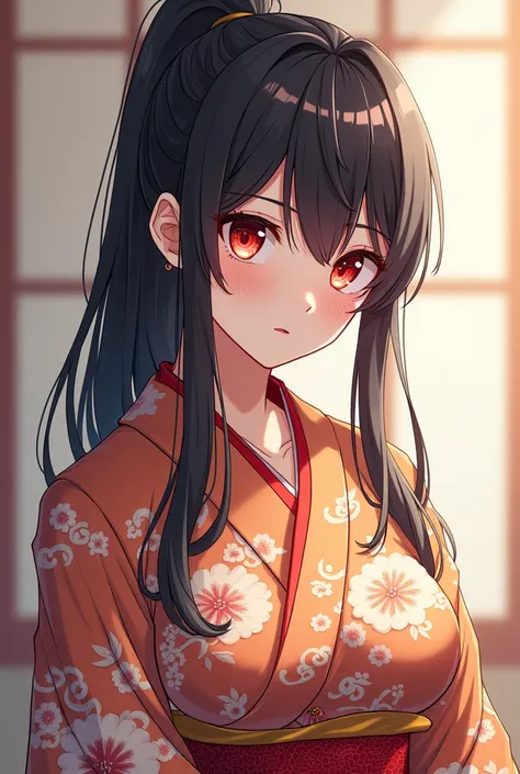 kimono、Black Hair, Blushing, Red eyes, Tsundere, Large Breasts, ponytail, ,anime, Simple Background, Crying, 