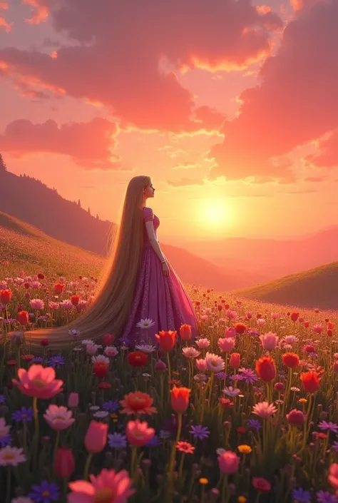 raiponce dans un champs de fleur avec un coucher de soleil rose et orange realiste 