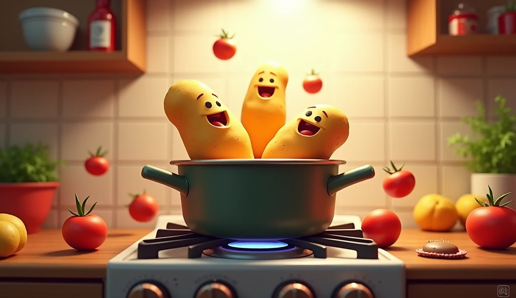 Picture: A pot on the stove with आलू and टमाटर jumping in together, looking excited to be part of a dish.