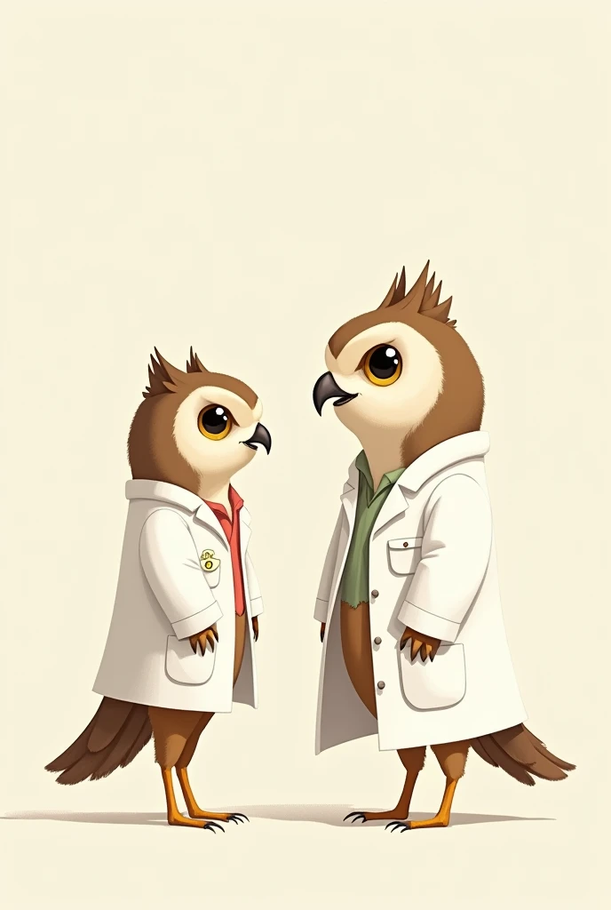 A two animated owl, the one owl facing towards left and the other one owl facing in front and both of them two are wearing a laboratory coat