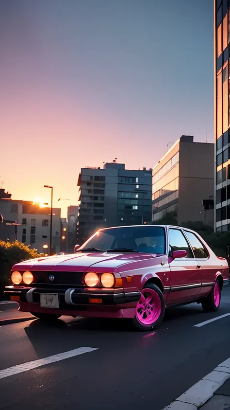 a {white|black|red|green|pink) The car is parked on the side of the road :: pink sunset and city in the background :: 1980 :: Luxury Style :: Super detailed : Ultra-realistic :: Cinematic :: Neon lighting :: Unreal Engine :: RTX --ar 2:3, (VaZ2113),  