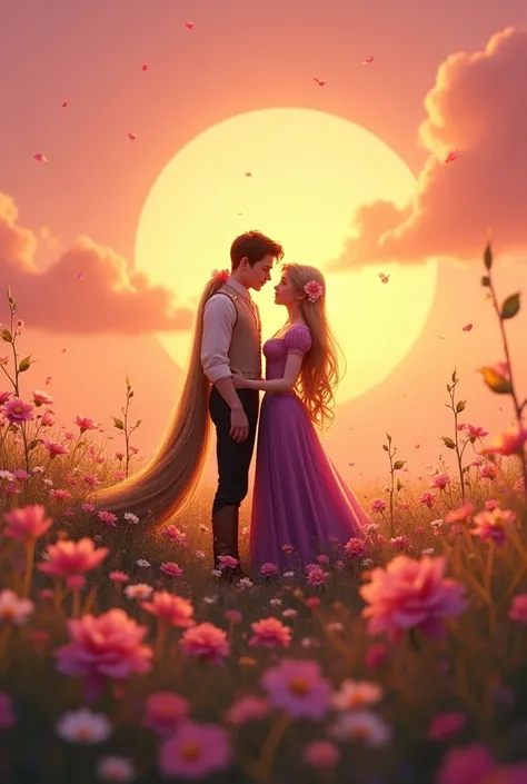 Raiponce couche de soleil rose dans un champ de fleurs avec ça tresse debout de dos avec des fleurs dans le cheveux avec son prince qui a les cheveux courts 