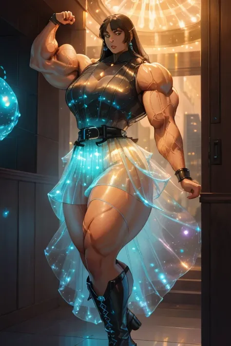 ((Close-up)), tall, (black hair) beautiful muscular woman, long straight hair, brown skinned, closed smile, large breast, (black lipstick), (massive muscles), ((hyper muscle)), (((ginormous bulky muscles))), orarnge eyes, ((((black sleeveless Bioluminescen...