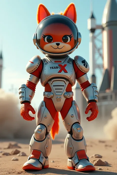 Create a real mascot for a rocket launch team written "team-x" in his clothes