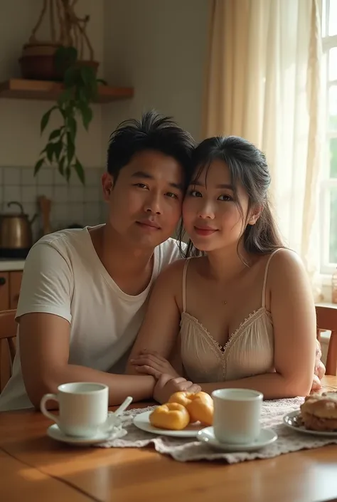 Indonesian couple. The 4 man is a normal body wearing simple pajamas. With The 3 woman is a little chubby and huge breasted, messy hair,  wearing sleeveless knee-nght nightgown. Nice kitchen with morning light as a background detail. Sit on dining table wi...