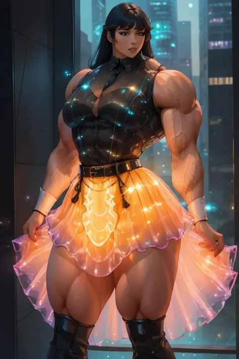 ((Close-up)), tall, (black hair) beautiful muscular woman, long straight hair, brown skinned, closed smile, large breast, (black lipstick), (massive muscles), ((hyper muscle)), (((ginormous bulky muscles))), orarnge eyes, ((((black sleeveless Bioluminescen...