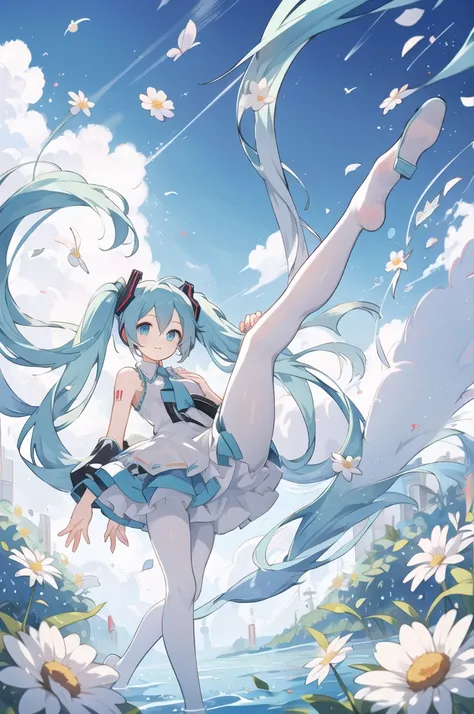 Masterpiece, hatsune miku, solo, minidress, flower, long hair, white pantyhose, twintails, very long hair, hol