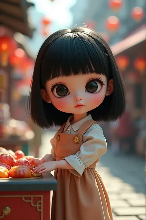 Animated doll black eyes straight black hair street vendor 