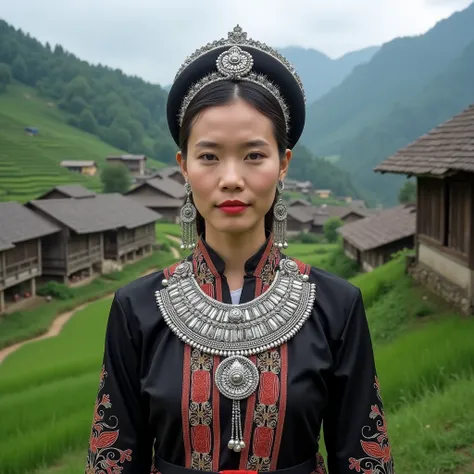 A Miao woman wearing traditional Miao clothing，Standing elegantly in the center of the picture。She is wearing an embroidered dress，It is decorated with traditional silver ornaments.，Includes an exquisite silver headdress and a large silver necklace hanging...