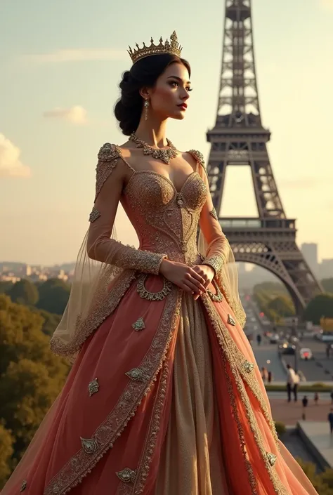 queen standing infront of eiffel tower