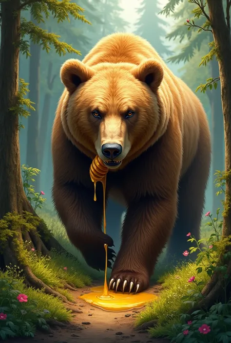 A bear that eats honey in the forest 