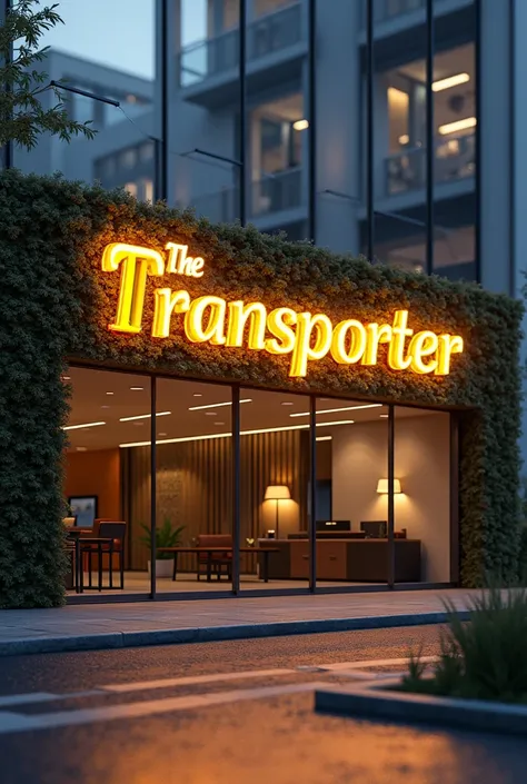 "Create a 3D image of an office related to car accessories. On the exterior of the office, write the name THE TRANSPORTER ACCESSORIES in glowing 3D golden letters. The sign should have lights that make it sparkle."