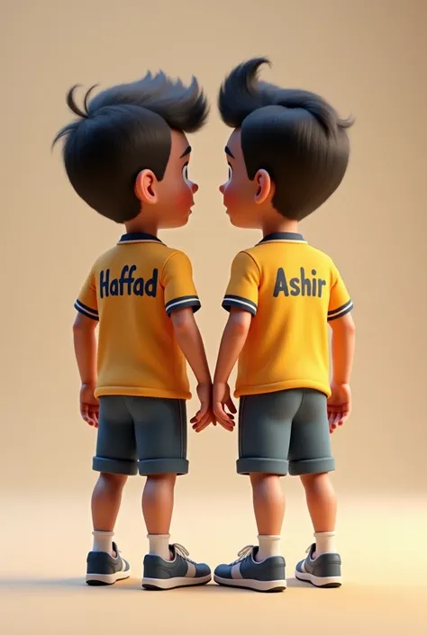 3d Two boy friends wearing shirts with name Haffad and Ashir on back
