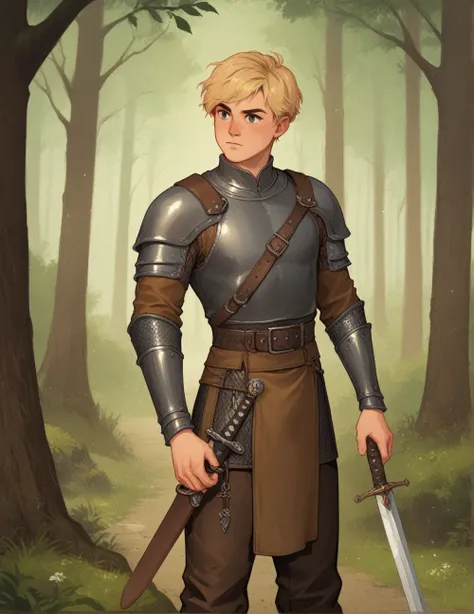 wh33z13, 1male, short hair, blonde, dressed in leather cloth, sword, warrior, leather, young, medieval pants, brown cloth, forest in background,