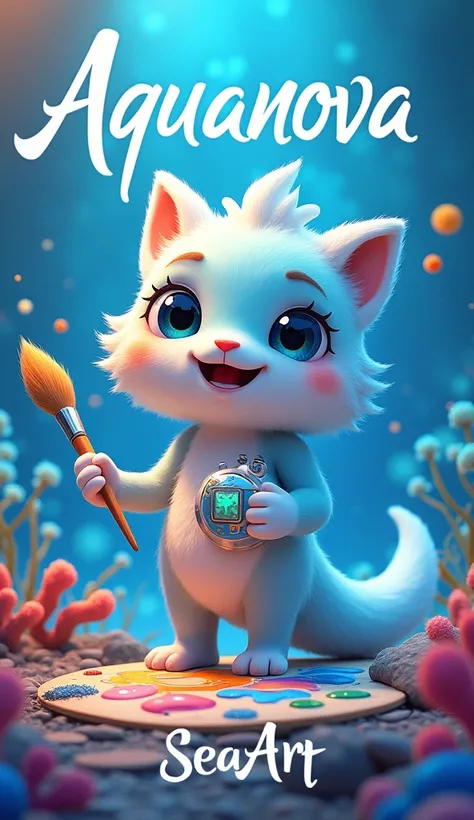 Create an astonishing fluffy cute CHeckpoint mascot for SeaArt AI, an innovative image generation and model training tool. The mascot should embody the essence of creativity and knowledge, with a touch of marine mysticism. It could be a mix of a Artist cre...