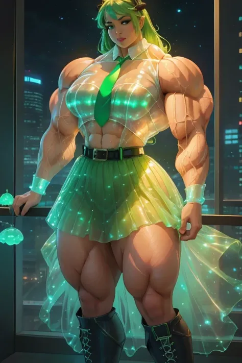 (((Close-up))), tall, (green hair) beautiful muscular woman, long curvy hair, brown skinned, closed smile, large breast, (black lipstick), (massive muscles), ((hyper muscle)), (((ginormous bulky muscles))), orarnge eyes, (((green sleeveless Bioluminescent ...