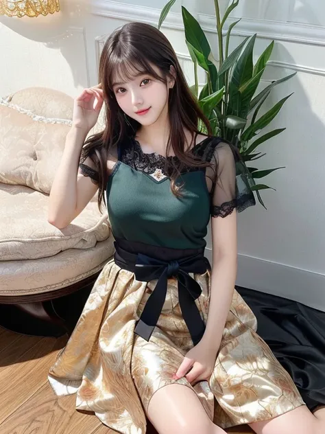 Photo-realistic quality、20-year-old Japanese idol sits on the floor wearing a dark green top and a floral skirt、Elegant Dresses、Beautiful Japanese Model、Romantic Dress、Cute woman、Looking at the camera、Detailed and beautiful eyes、Cute smile、A soft and gentl...