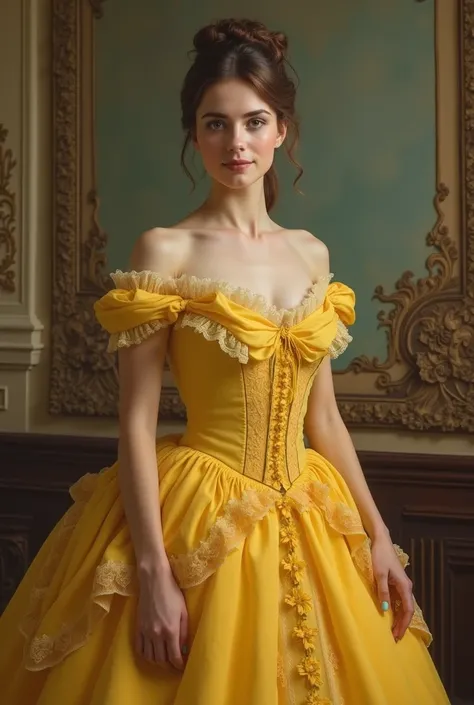 yellow dress in Victorian Era whole body