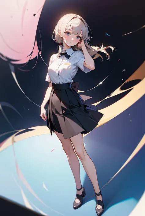 ((best quality)), anime girl in a short skirt and a white shirt, anime full body illustration, anime girl wearing a black dress, cute anime waifu in a nice dress, realistic schoolgirl, full body portrait of a short!, render of april, single character full ...