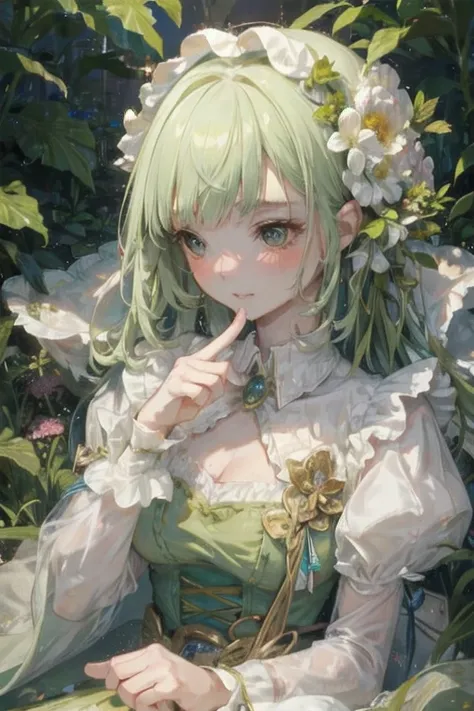 A young girl in a lush, mossy garden, her delicate dress flowing around her like petals, waiting for the night. A fluffy rabbit hops onto her lap, curling up contentedly.

1girl, graceful, elegant, soft mossy bed, flowing petal-like dress, fluffy rabbit, s...