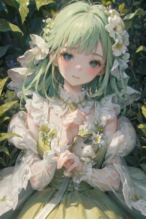 A young girl in a lush, mossy garden, her delicate dress flowing around her like petals, waiting for the night. A fluffy rabbit hops onto her lap, curling up contentedly.

1girl, graceful, elegant, soft mossy bed, flowing petal-like dress, fluffy rabbit, s...