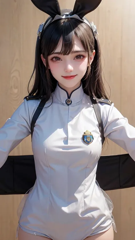 A cute, smiling woman with adorable bunny ears on her head, dressed in a police uniform. The image features a close-up of her face, with a warm and charming smile. The bunny ears add a playful touch, creating an interesting contrast with the seriousness of...