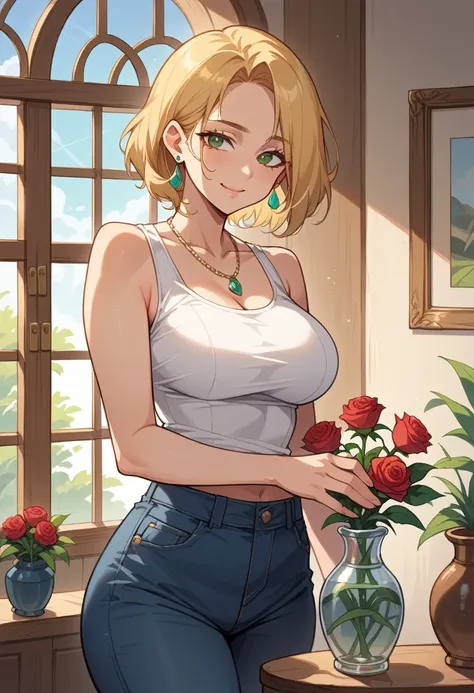 (score_9,score_8_up,score_7_up),1woman,solo,source_anime,mature,big sister,middle age,blonde hair,green eyes,white tank top,blue jeans,jade earrings, jade necklace, large breasts,wide hips, bare shoulders, warm smile, tired smile,standing near a window, va...