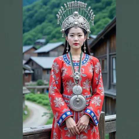 A Miao woman wearing traditional Miao clothing，Taking photos at Xijiang Qianhu Miao Village in Guizhou, China。Standing elegantly in the center of the picture。She is wearing an embroidered dress，It is decorated with traditional silver ornaments.，Includes an...