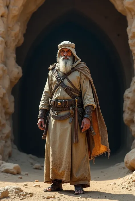 Realism，Realism，photography，masterpiece，Best quality，Ultra Detailed，），old arabic warrior , back shot，Ultra wide angle, standing in front of cave