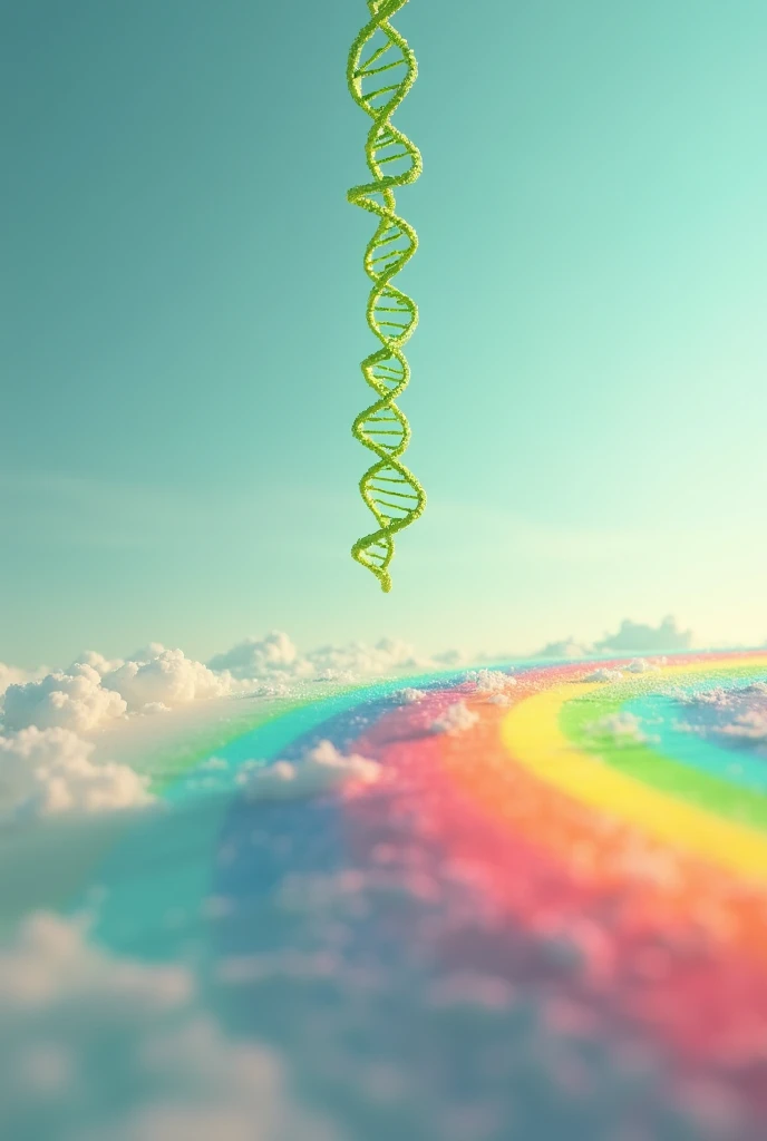 A rainbow spectrum close to the ground, an empty space and high above the rainbow, in the sky, a horizontal strand of green DNA floating above a horizontal rainbow 