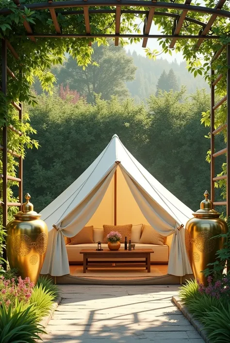 a tent in a garden, 2 golden vases at the bottom, no flowers on the top, golden low table, pergola, detailed garden scenery, photorealistic, 8k, high quality, realistic lighting, natural colors, beautiful detailed outdoor scene