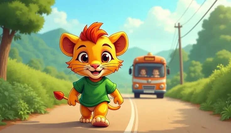 Animal little lion green tishirt cartoon style रोड पर बस से साधु  बाबा अपने आश्रम में बापिस आ जाते हैं 