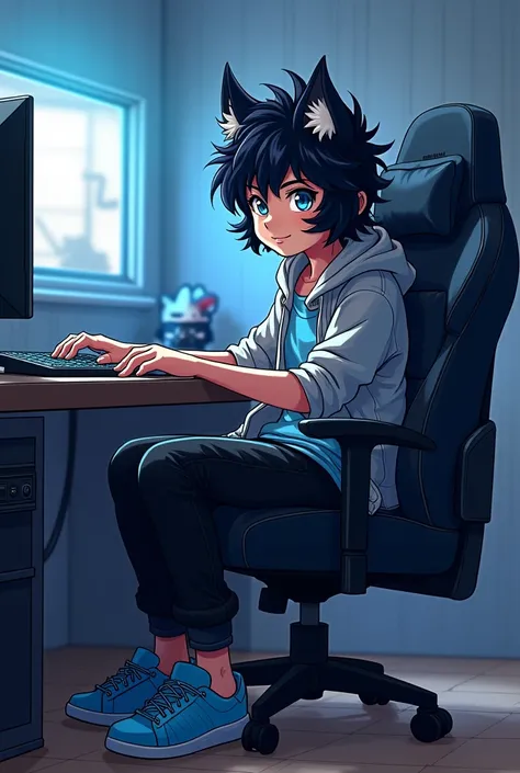 Make a young half wolf with black and blue curly hair, light blue eyes, blue sneakers, black and blue pants, she is sitting on the gamer chair in her room playing on the gamer PC 